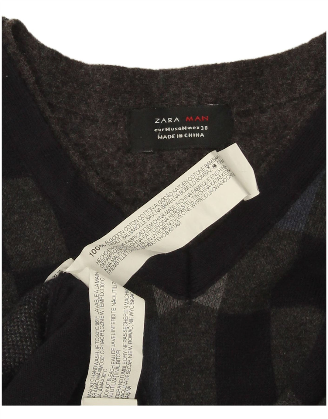 Zara Suéter masculino com gola V e algodão geométrico preto médio