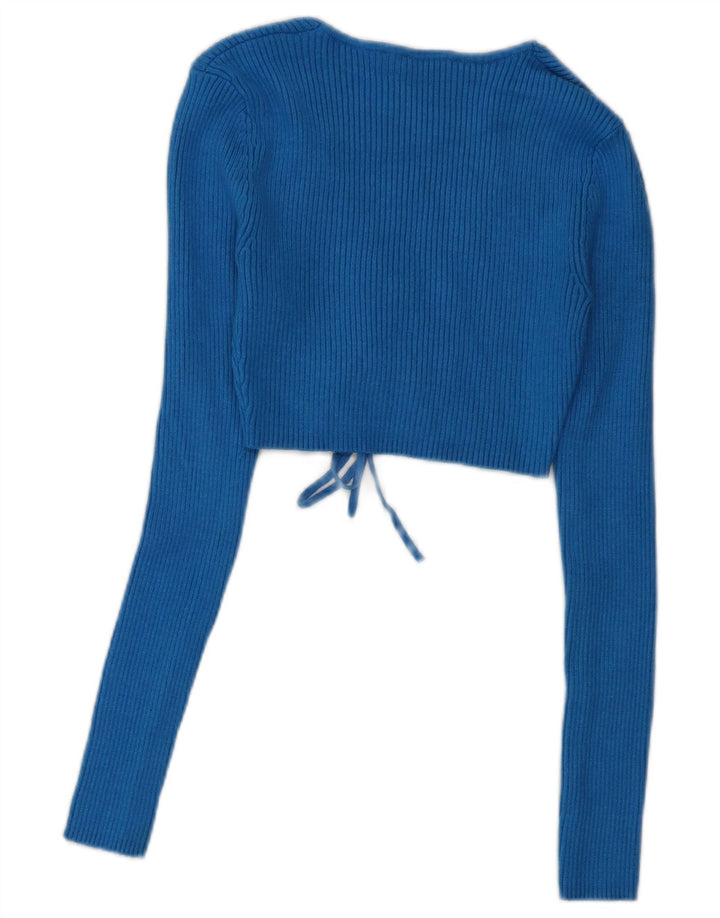 Zara Top feminino de manga comprida UK 10 viscose azul pequena
