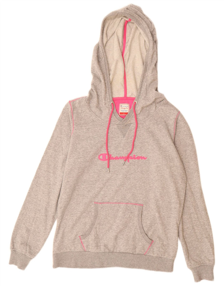 CHAMPION Suéter feminino com capuz gráfico Heritage Fit Reino Unido 16 grande algodão cinza