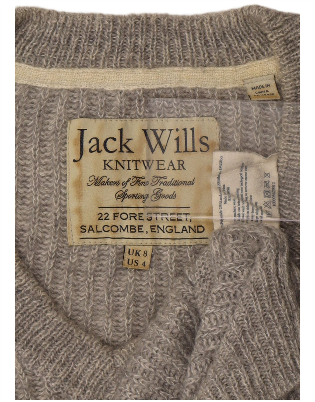 Suéter feminino Jack Wills com decote em V Reino Unido 8 pequeno poliéster cinza