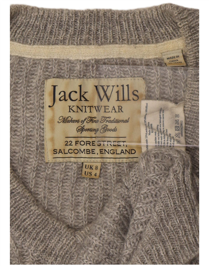 Suéter feminino Jack Wills com decote em V Reino Unido 8 pequeno poliéster cinza