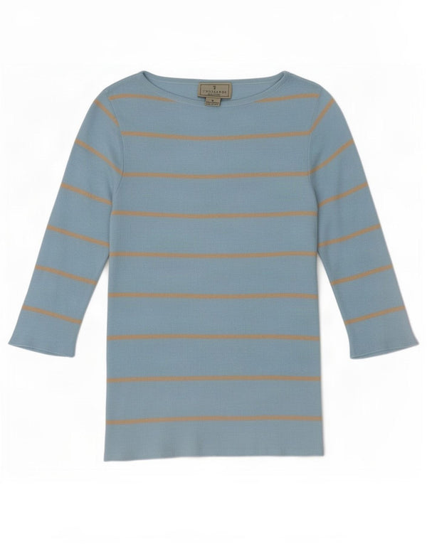 Trussardi Top feminino manga 3/4 Reino Unido 8 pequeno algodão listrado azul