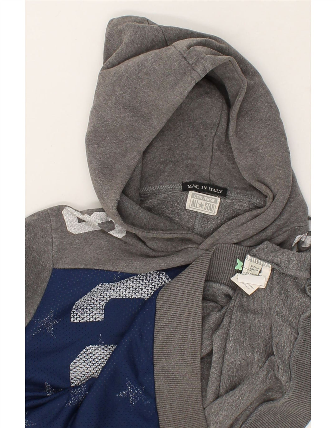 CONVERSE Boys Graphic Hoodie Jumper 9-10 Years Grey Colourblock Cotton Vintage Converse and Second-Hand Converse from Messina Hembry 