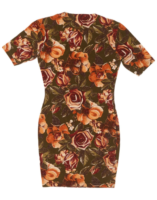 Vestido bodycon feminino vintage Reino Unido 8 pequeno algodão floral cáqui