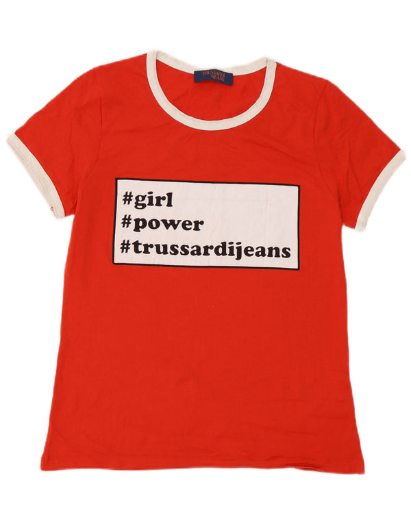 Camiseta feminina Trussardi Jeans com estampa gráfica UK 14 grande bloco colorido vermelho