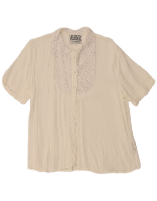 Blusa feminina vintage de manga curta UK 16 grande floral branca