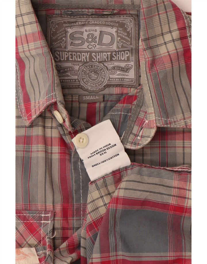 Camisa masculina Superdry de manga curta pequena cinza xadrez algodão