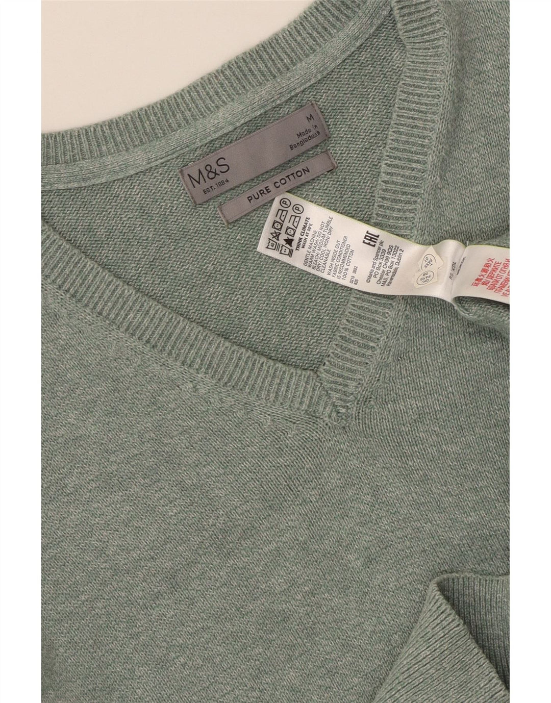 Suéter masculino MARKS & SPENCER com decote em V, algodão manchado verde médio