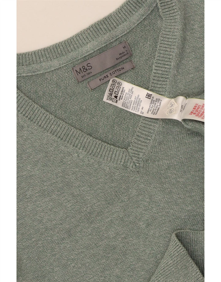 Suéter masculino MARKS & SPENCER com decote em V, algodão manchado verde médio