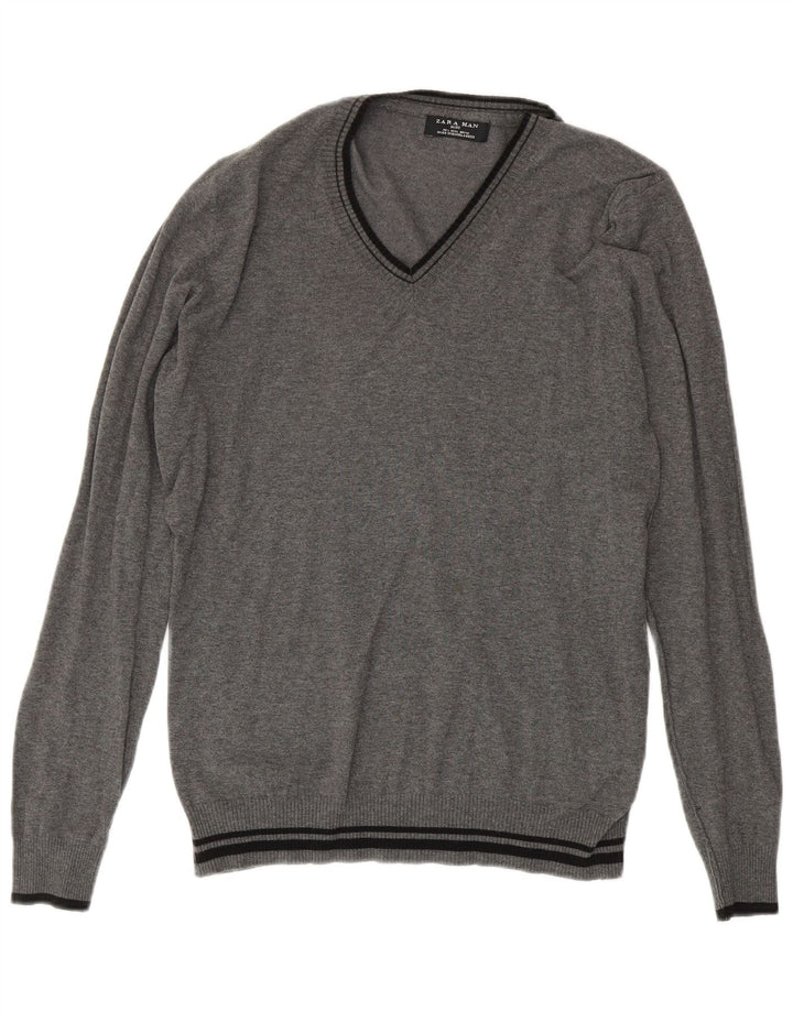 Suéter masculino Zara com decote em V grande algodão listrado cinza