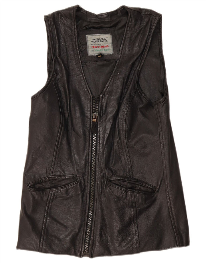 Colete de couro feminino vintage UK 12 couro preto médio