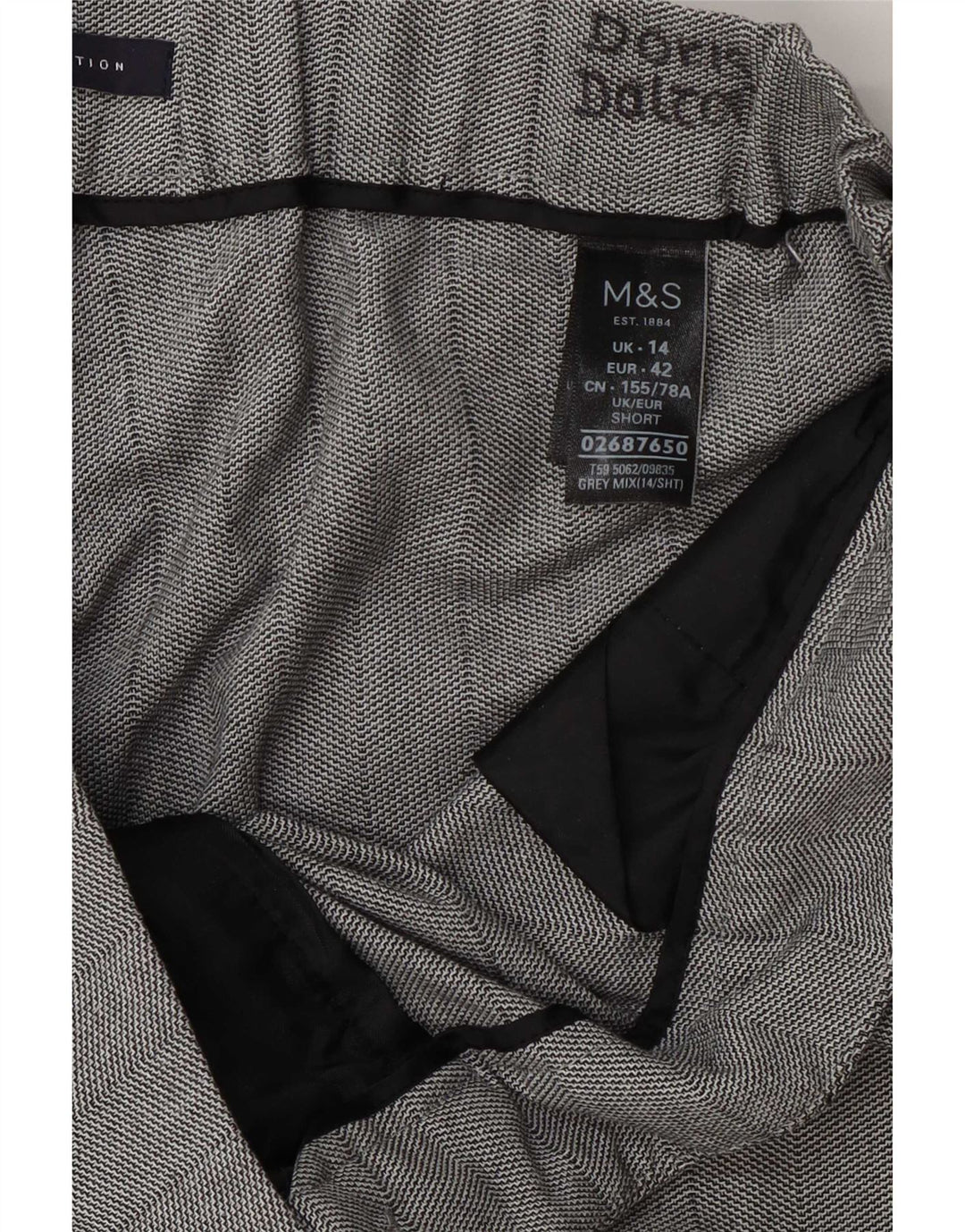 Calças cortadas femininas Marks & Spencer Reino Unido 14 grande W34 L24 poliéster cinza