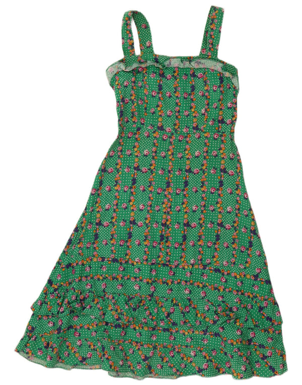 Vestido feminino vintage sem mangas evasê UK 4 XS verde floral