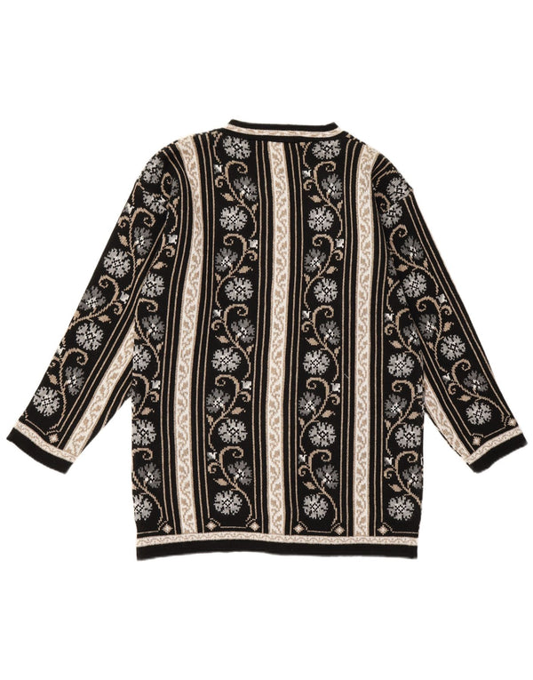 Suéter cardigã feminino vintage Reino Unido 16 grande preto floral sintético