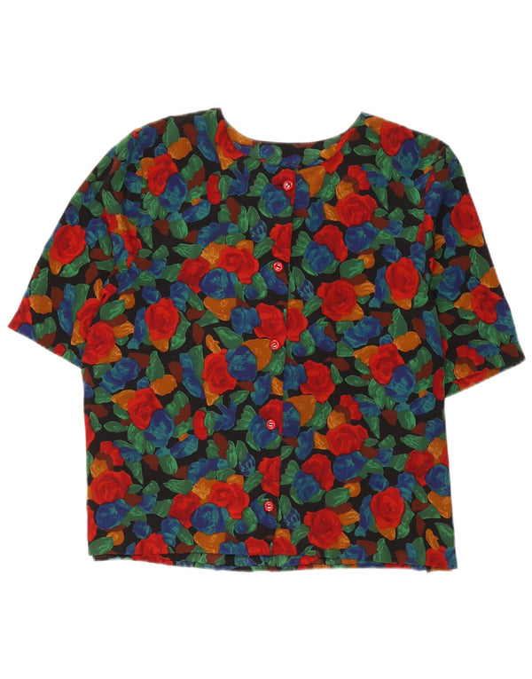 Blusa feminina vintage de manga curta UK 16 grande floral multicolorida