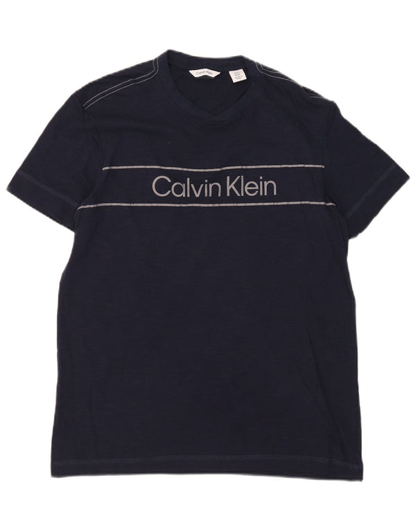 Camiseta masculina Calvin Klein com estampa gráfica pequena de algodão listrado azul marinho