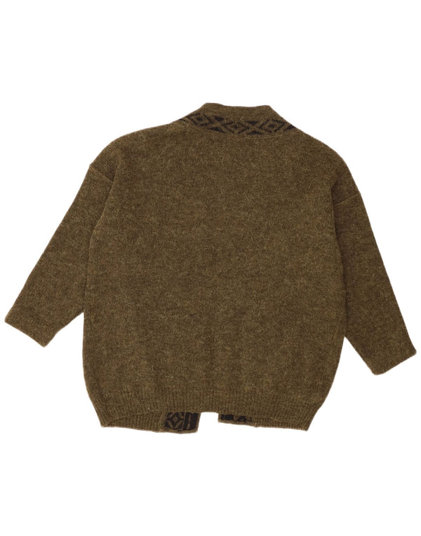 Vintage Womens Open Cardigan Sweater UK 16 Large Khaki Geometric