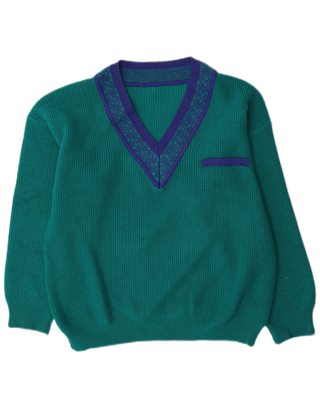 Suéter masculino vintage com decote em V grande lã geométrica verde