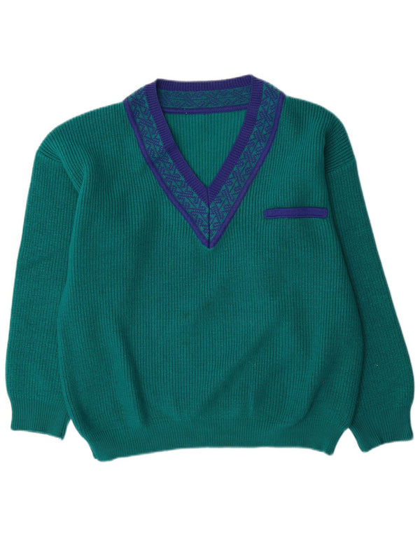 Suéter masculino vintage com decote em V grande lã geométrica verde