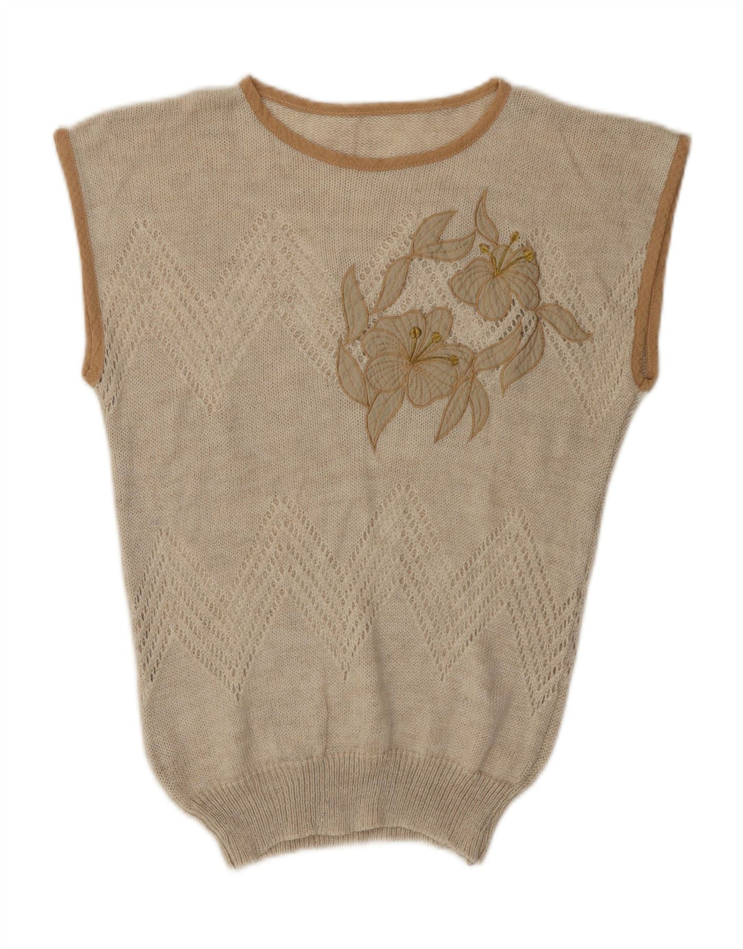Colete feminino vintage regata UK 12 acrílico floral bege médio