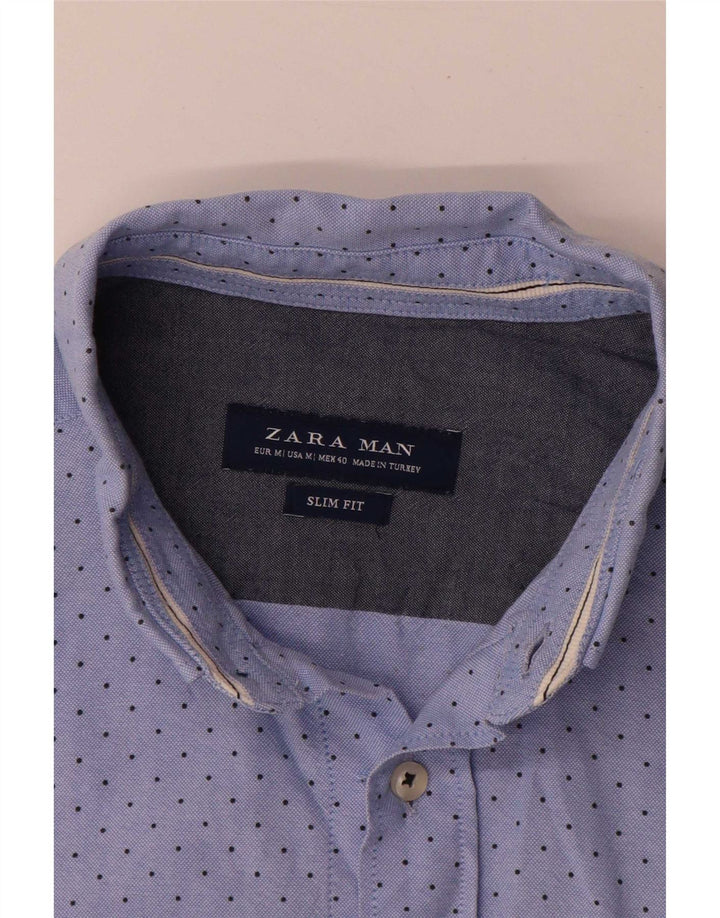Camisa masculina Zara Slim Fit médio azul manchado