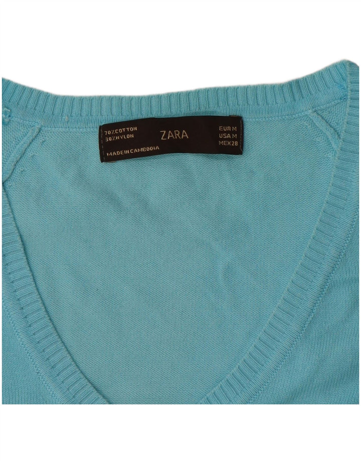 Suéter feminino Zara com decote em V Reino Unido 12 algodão azul médio
