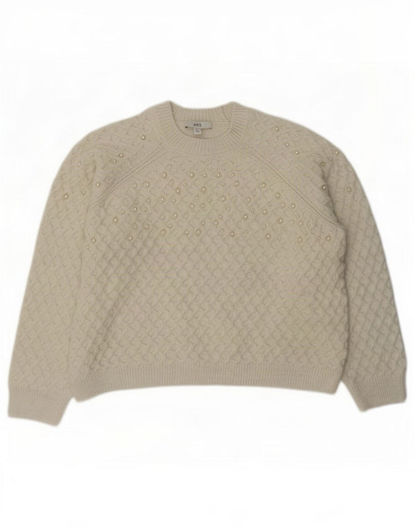Suéter feminino Marks & Spencer com gola redonda UK 14 médio off white