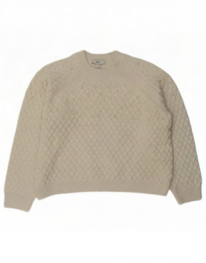 Suéter feminino Marks & Spencer com gola redonda UK 14 médio off white