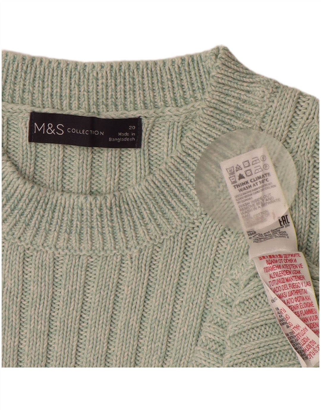 Suéter feminino MARKS & SPENCER com gola redonda UK 20 2XL algodão verde