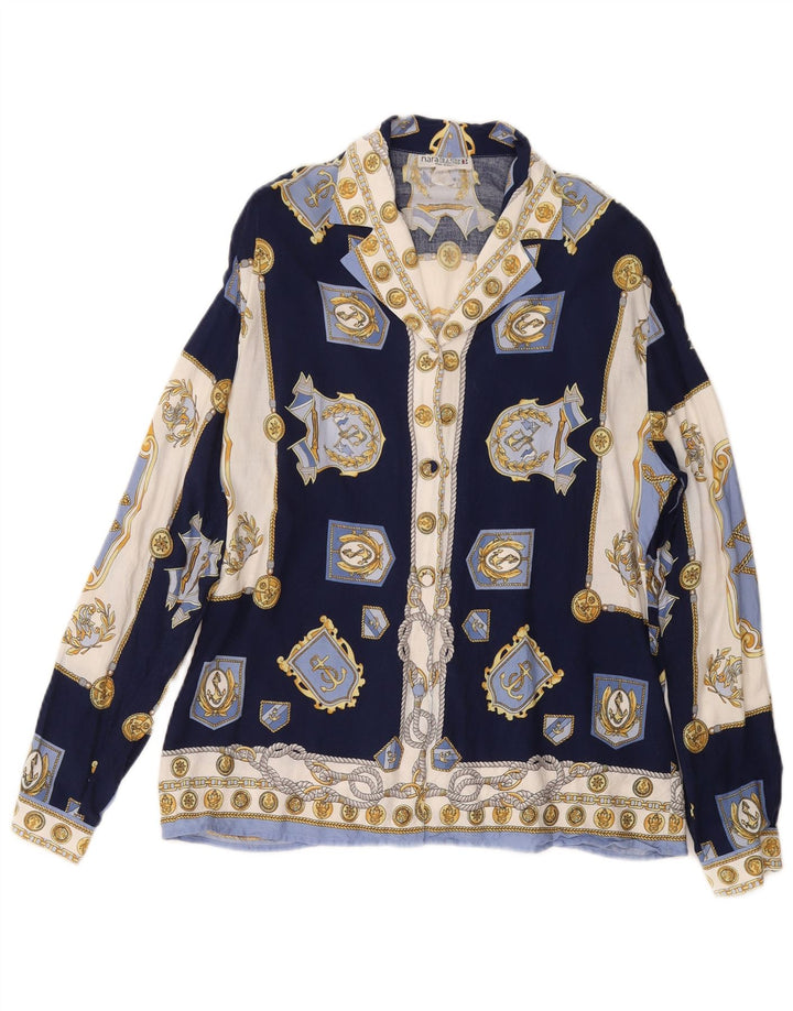 Blusa feminina VINTAGE com padrão abstrato Reino Unido 14 azul marinho médio