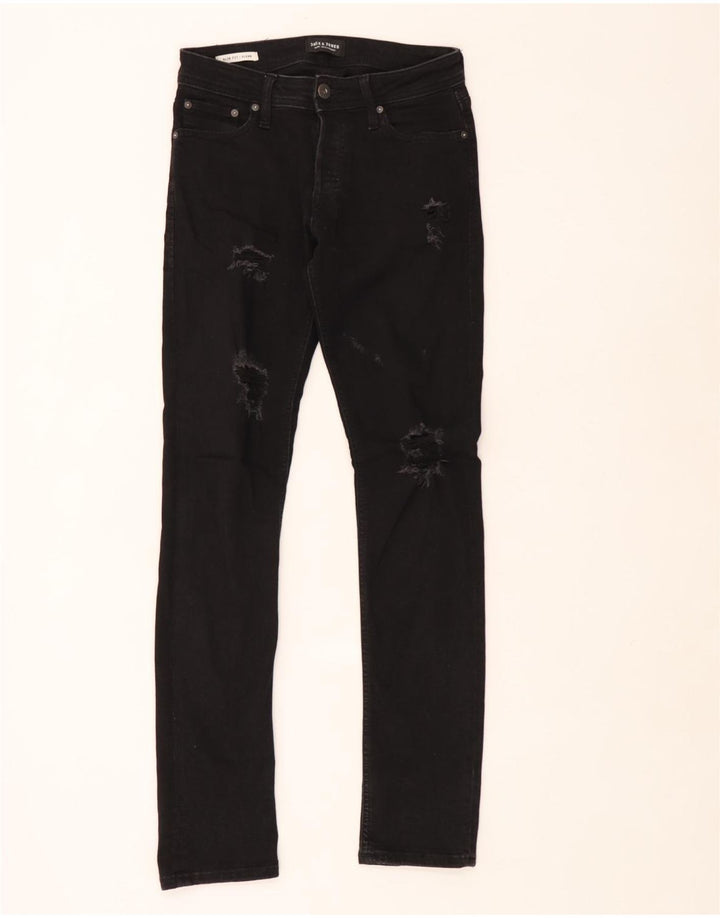 Jack & Jones Mens GLENN Distressed Slim Jeans W28 L32 Algodão Preto