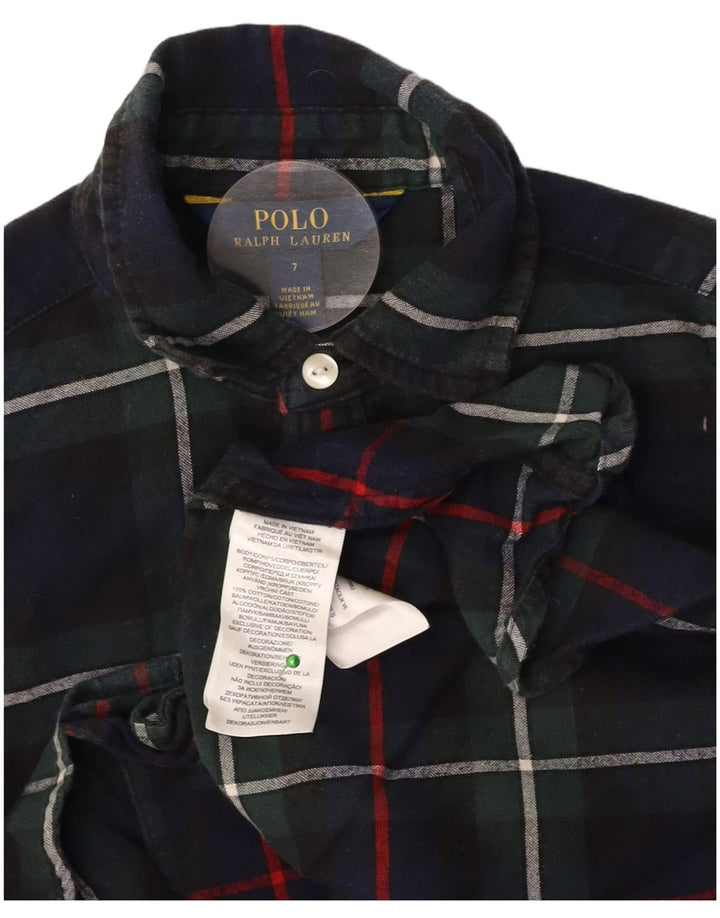 POLO RALPH LAUREN Vestido camisa de manga comprida para meninas de 6 a 7 anos xadrez azul marinho