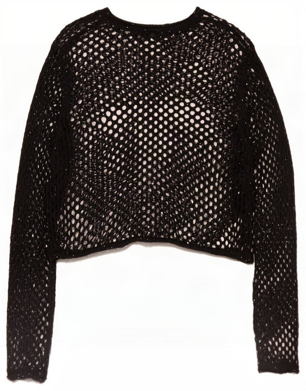 Zara Top feminino oversized de manga comprida em crochê transparente Reino Unido 10 pequeno preto