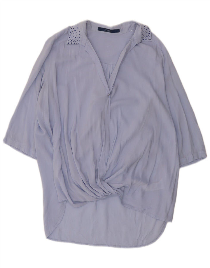 Túnica feminina Guess manga 3/4 oversized Reino Unido 10 pequeno rayon azul manchado