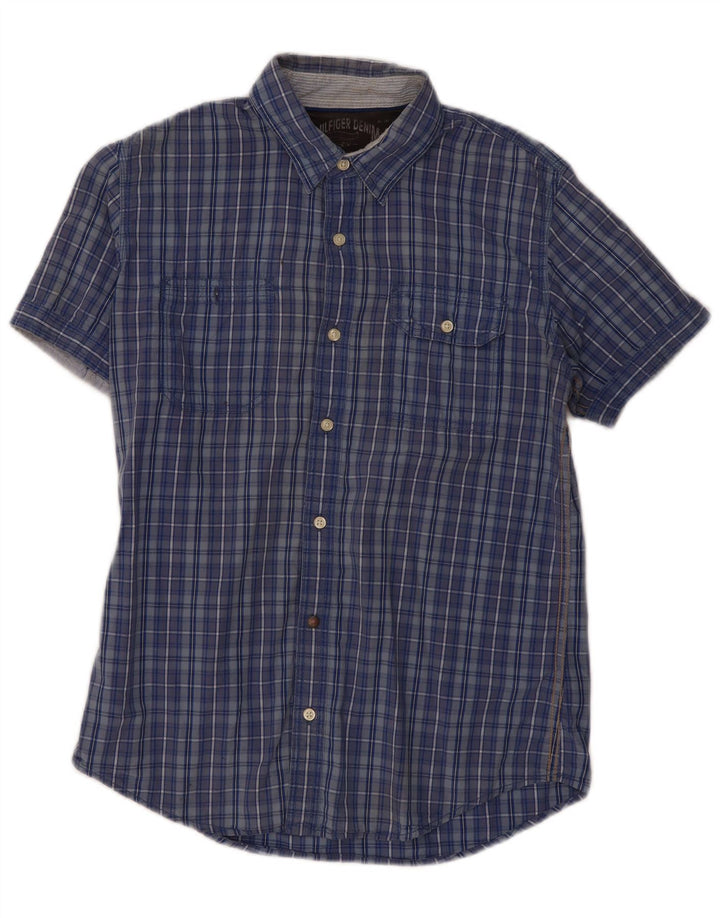 Camisa masculina Tommy Hilfiger de manga curta gráfica azul médio algodão xadrez
