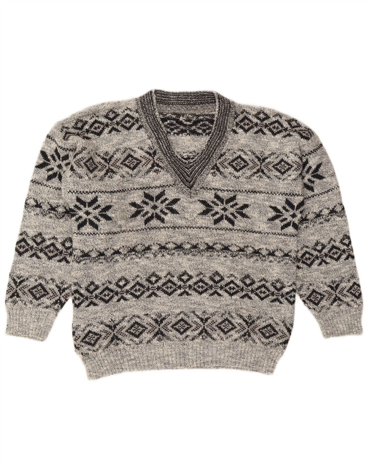 Suéter masculino VINTAGE com decote em V cinza médio Fair Isle Wool