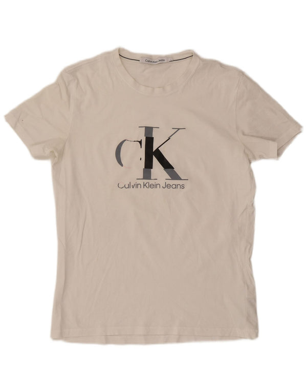 Camiseta masculina Calvin Klein Jeans com estampa gráfica grande de algodão branco