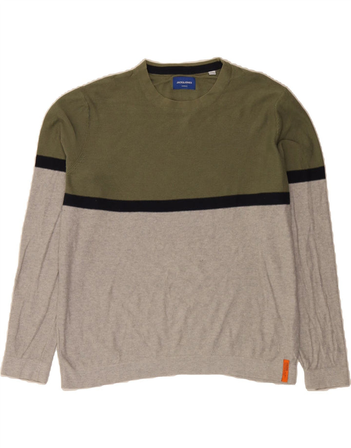 JACK & JONES Mens Crew Neck Jumper Sweater XL Grey Colourblock Cotton Vintage Jack & Jones and Second-Hand Jack & Jones from Messina Hembry 