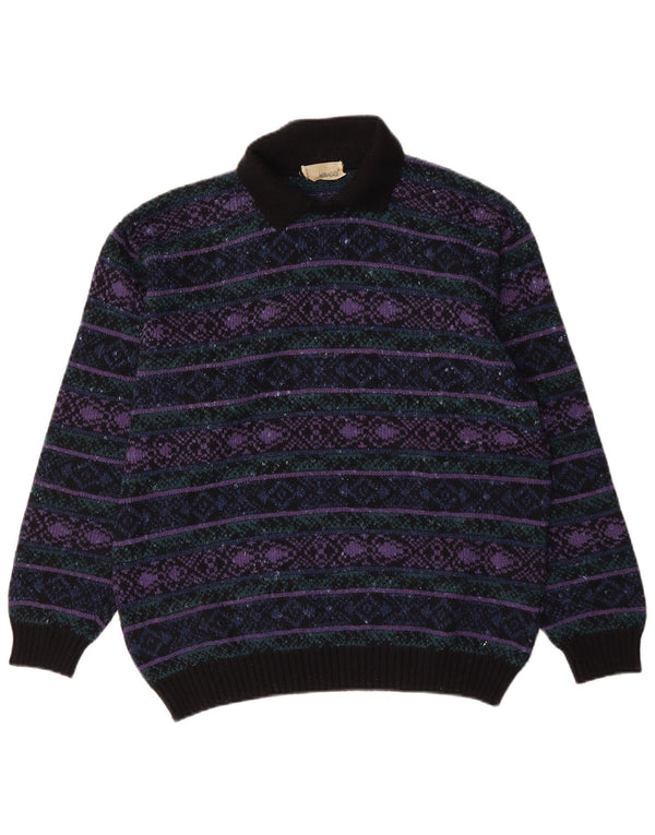 Suéter vintage masculino com gola polo grande multicolorido Fair Isle Wool