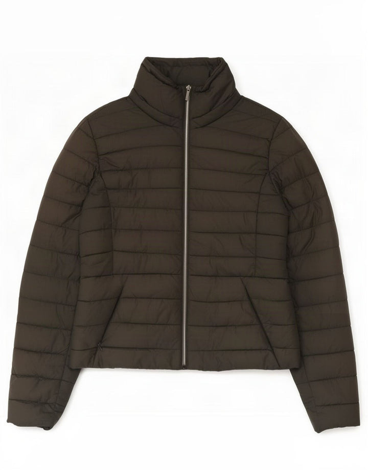 Jaqueta acolchoada feminina Zara UK 14 grande poliéster cáqui
