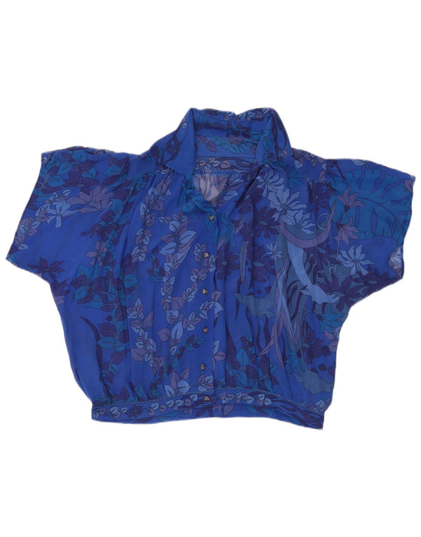 Blusa feminina vintage transparente de manga curta Reino Unido 18 XL azul floral