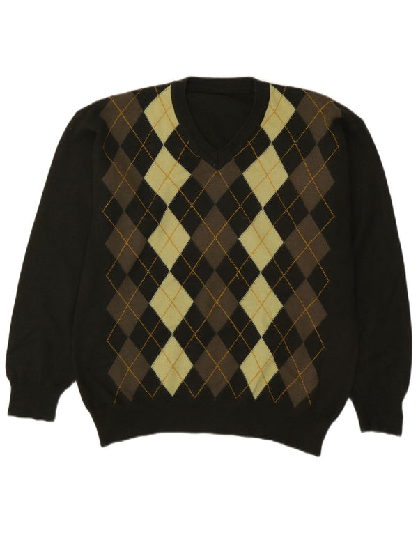 Suéter vintage masculino com decote em V verde médio Argyle/Diamante