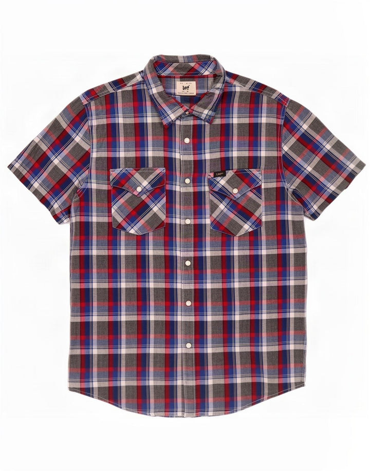 Camisa masculina de manga curta Lee algodão xadrez cinza médio