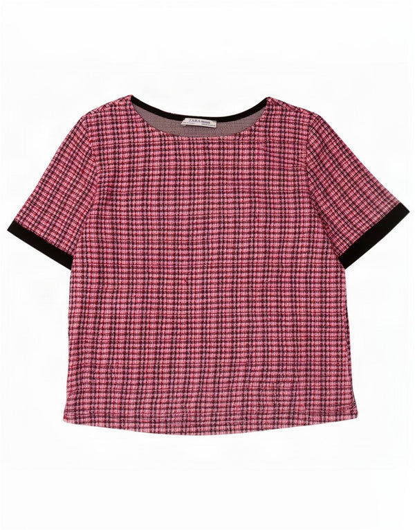 Top blusa feminina Zara UK 12 poliéster xadrez rosa médio