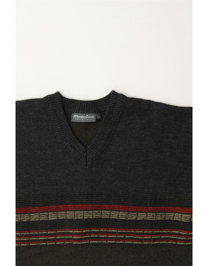 MONTE CARLO Womens V-Neck Jumper Sweater IT 52 2XL Grey Colourblock Wool Vintage Monte Carlo and Second-Hand Monte Carlo from Messina Hembry 