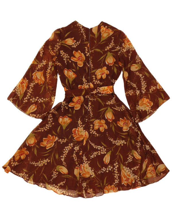 Vestido feminino vintage manga 3/4 linha A UK 12 marrom médio floral