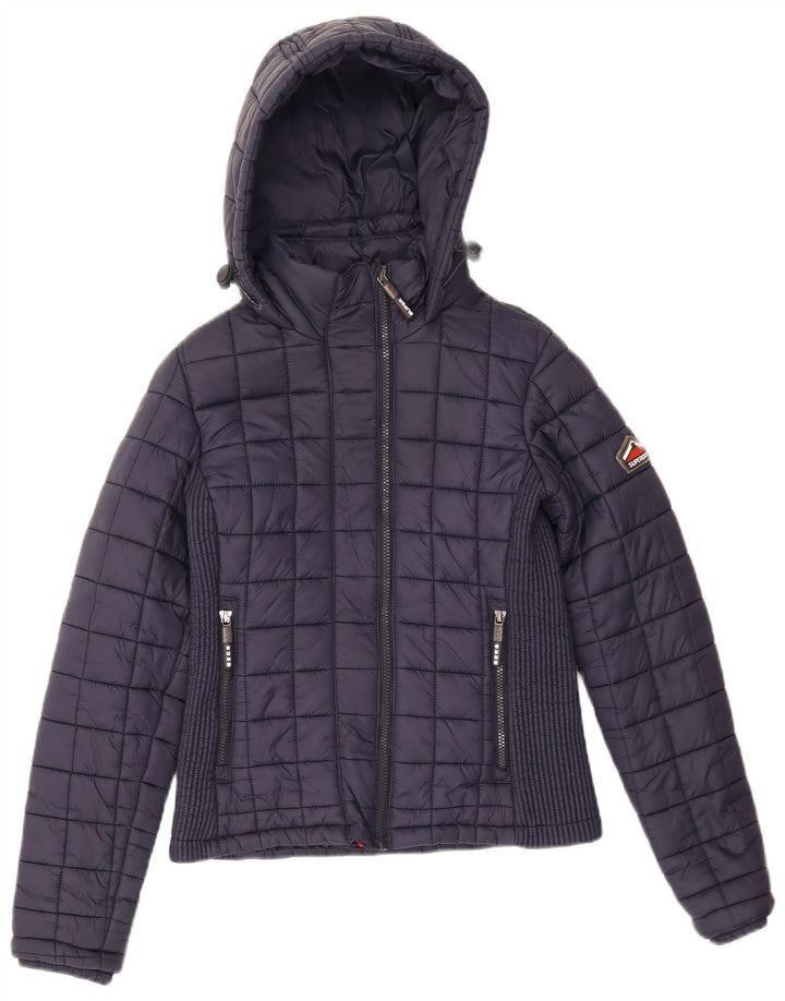 Jaqueta acolchoada com capuz feminina Superdry UK 10 pequena azul marinho nylon