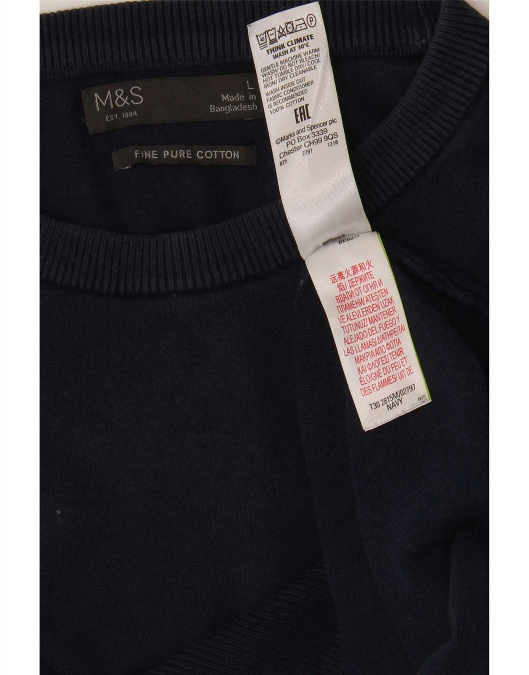 Suéter masculino Marks & Spencer com gola redonda, grande algodão azul marinho