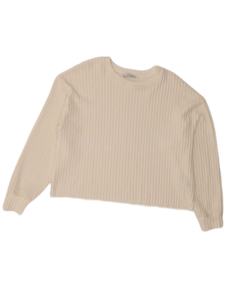 Zara Suéter feminino cropped com gola canoa Reino Unido 14 poliéster branco médio
