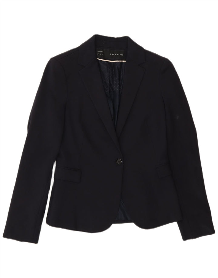 Jaqueta blazer feminina Zara com 1 botão Reino Unido 10 pequeno algodão azul marinho